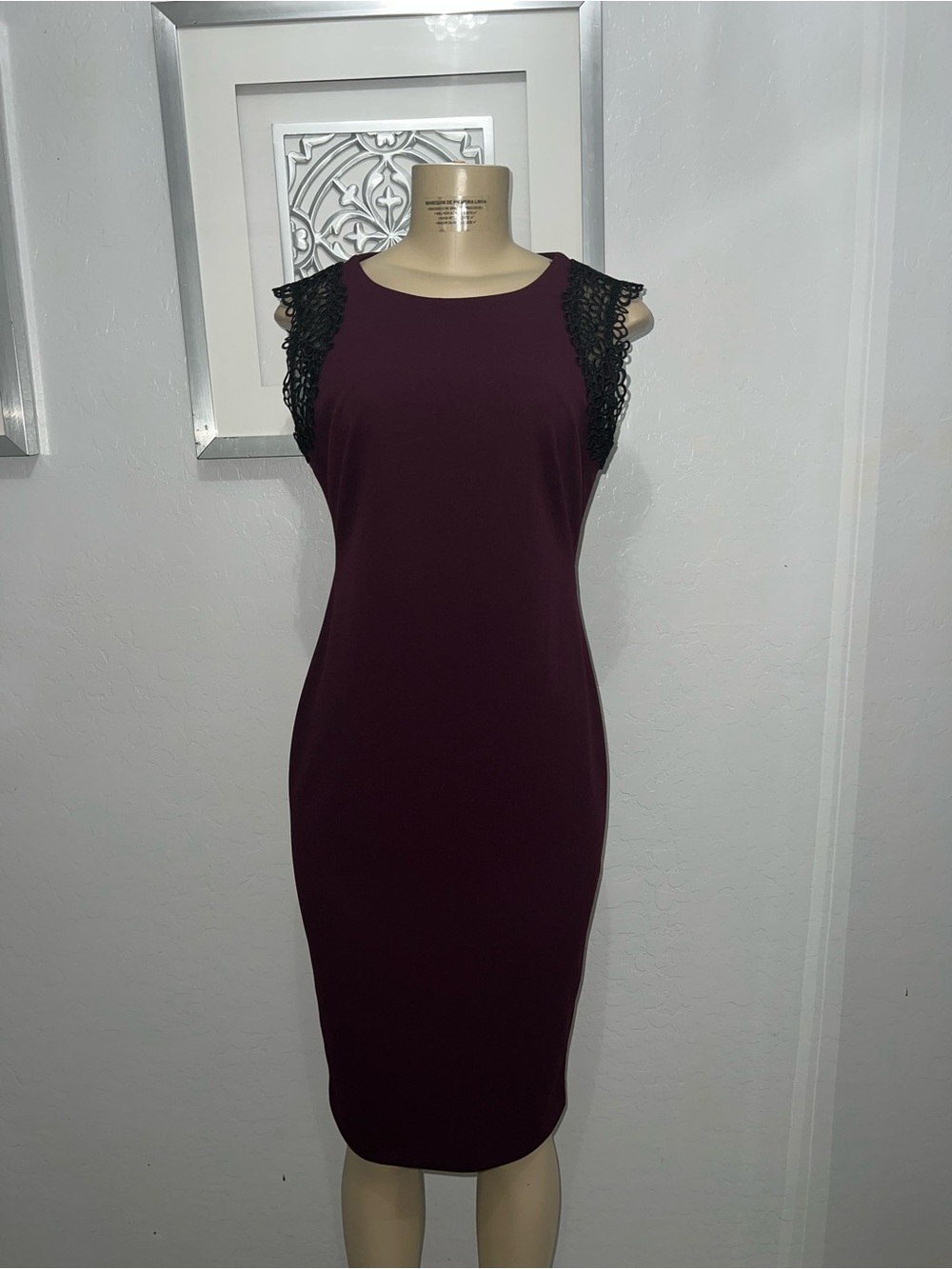 NWT Calvin Klein Plum Midi Dress with Black Lace Cap Sleeves Size 4